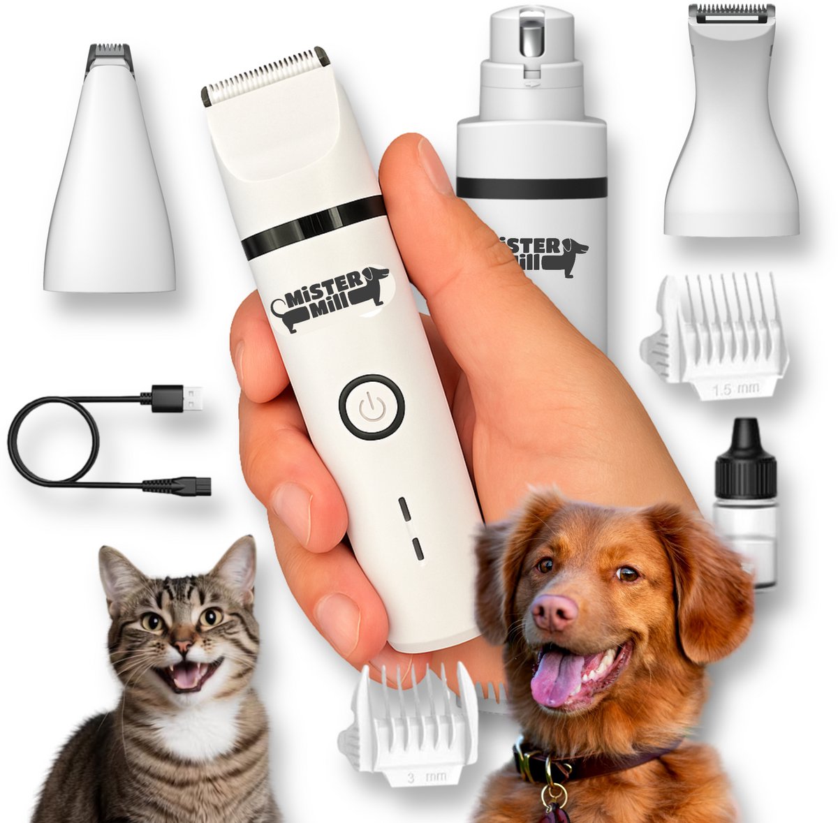 Mister Mill Mini Tondeuse 4 in 1 - Elektrische Nagelvijl Hond - Hondentondeuse - Kattentondeuse - Dierentondeuse - Vier Opzetstukken & Twee Opzetkammen - Tondeuse Hond / Kat - Hondentrimmer - Katten Trimmer - Inclusief Nagelvijl