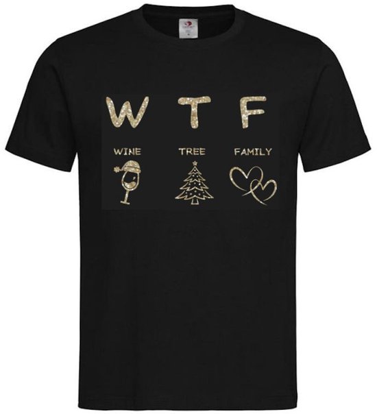 T-shirt Unisex Volwassenen Fout Foute Kerst Kerstmis Wijn Vrouw Grappig Grappige Tekst "W T F Wine Tree Family" Op Voorkant | korte mouw | Zwart/CHAMPAGNE Goud Glitter | maat L