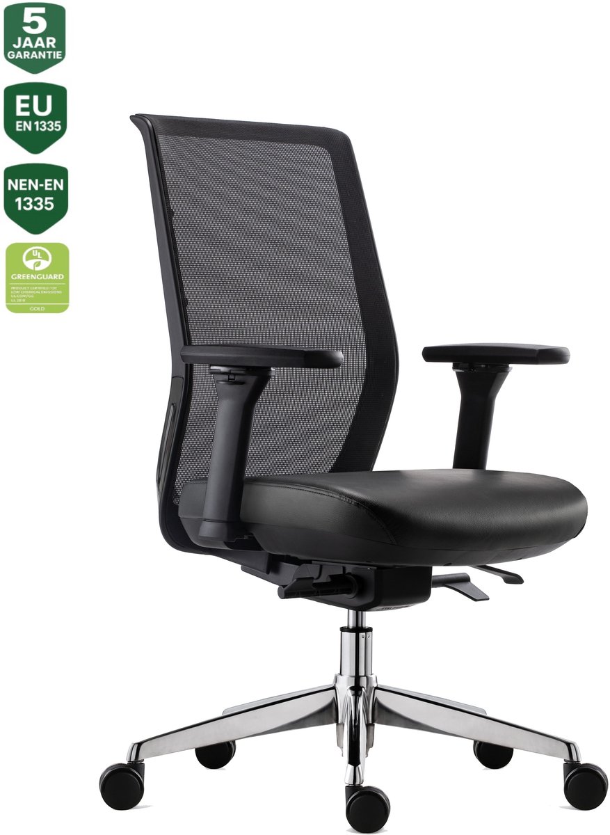 BENS 837Exe-Synchro-4 - Zwarte Luxe Ergonomische Bureaustoel - Volwassenen - Kantoorstoel - Lederen Zitting en Mesh Rugleuning - Gepolijst Aluminium Voetenkruis - Luxe Donati Synchro mechaniek - GREENGUARD GOLD - NEN-EN1335 & ARBO normen
