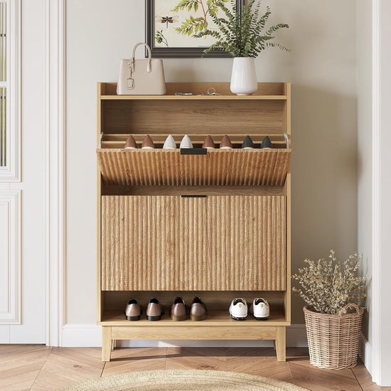 Meuble à chaussures Tribesigns - Étagère à chaussures avec 2 tiroirs rabattables - 80 x 24 x 115 cm - Rangement à chaussures dissimulé avec étagère ouverte - Bois - Marron