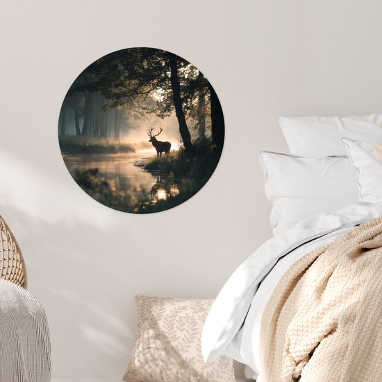 WallCircle® - Cercle de papier peint 50x50 cm - Stickers muraux Cerf - Ruisseau forestier - Mystique - Cercle mural salon - Cercle mural chambre - Décoration murale autocollante - Accessoires de Décoration murale