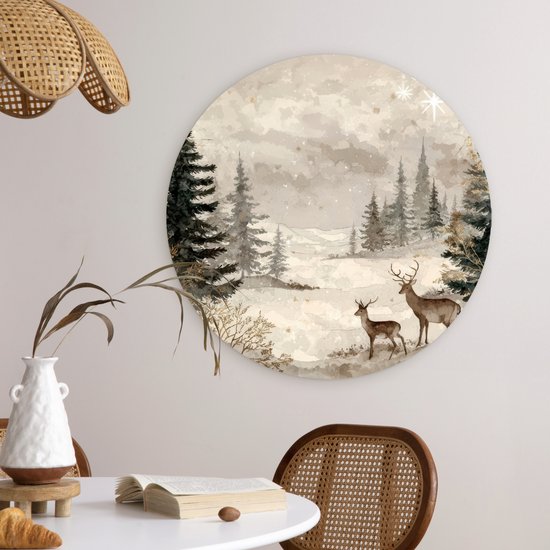 WallCircle® Wandcirkel 60x60 cm - Muurcirkel Bos - Herten - Winter - Sneeuw - Muurdecoratie woonkamer - Wanddecoratie slaapkamer - Kamer decoratie accessoires - Ronde schilderijen