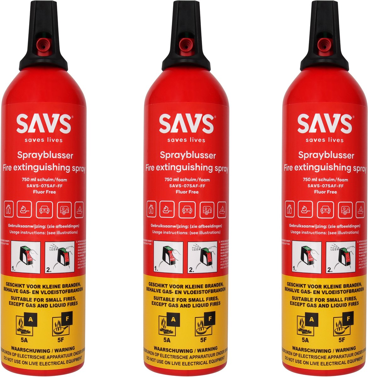 SAVS® Sprayblusser Vetblusser schuim 750 ml - 3-pack - 5A 5F - Geschikt voor keuken, huis, auto, boot, caravan of camper - Brandblusser - Schuimblusser