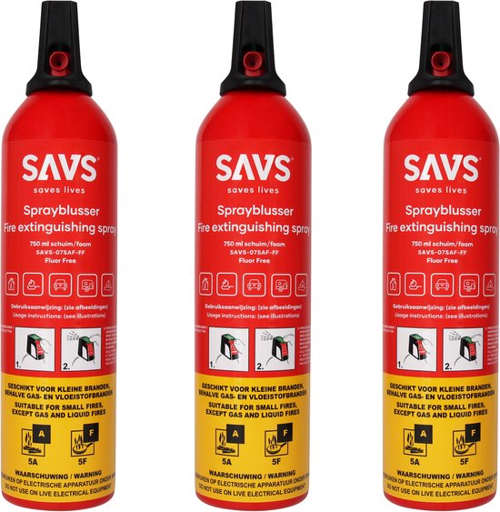 SAVS® Sprayblusser Vetblusser schuim 750 ml - 3-pack - 5A 5F - PFAS-Fluor vrij - Geschikt voor keuken, huis, auto, boot, caravan of camper - Brandblusser - Schuimblusser