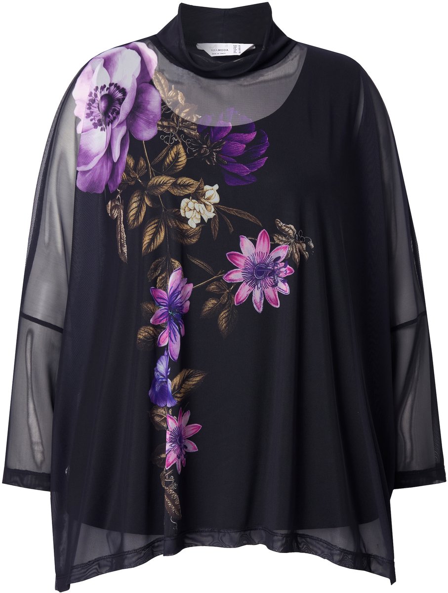 MIAMODA - Dames - Mesh blouse oversized bloemenmotief ondoorzichtige top - Zwart - Maat 50+