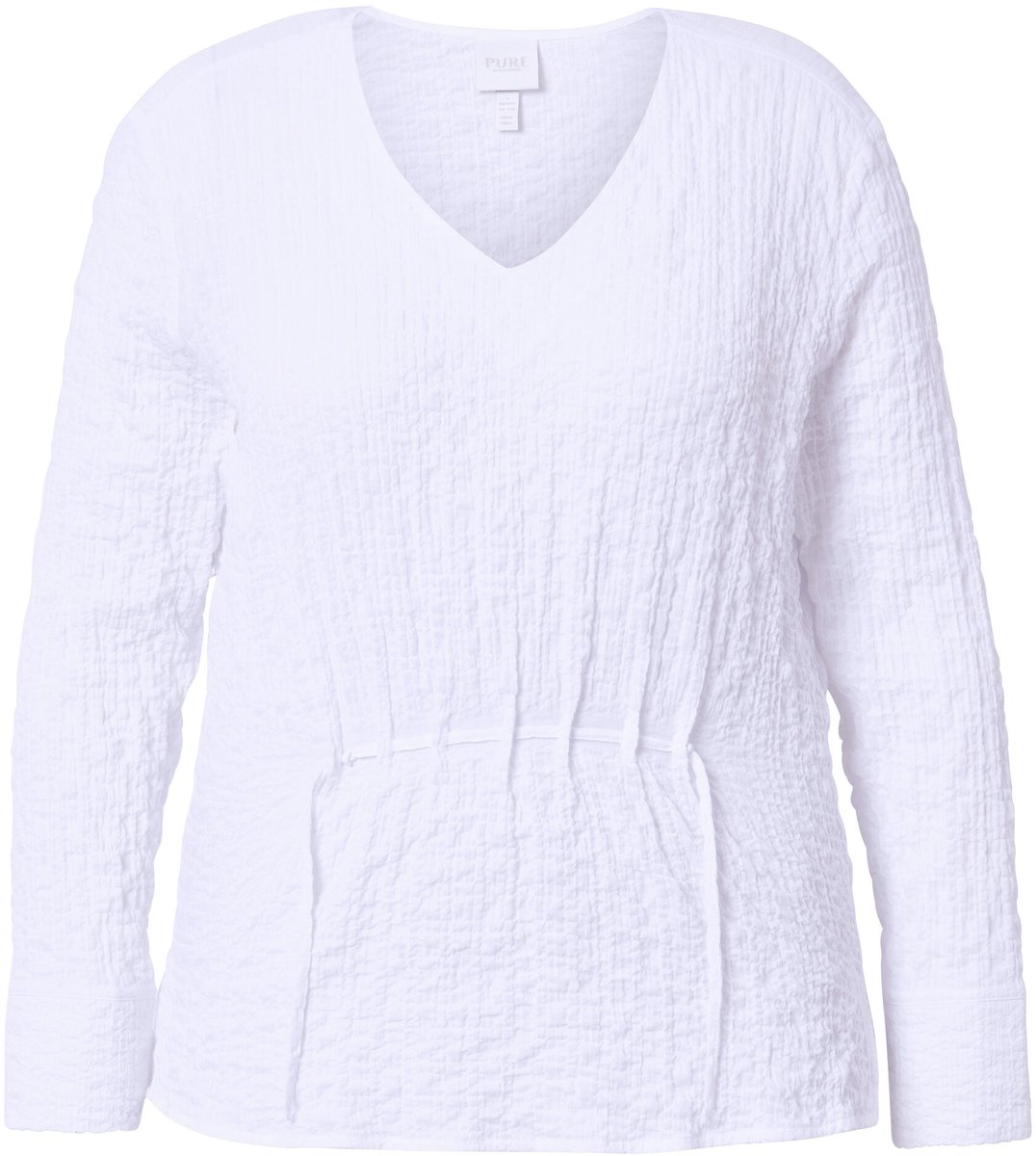 Ulla Popken - Dames - Tuniekblouse plooien V-hals lange mouw biologische katoen - Sneeuwwit - Maat 50+