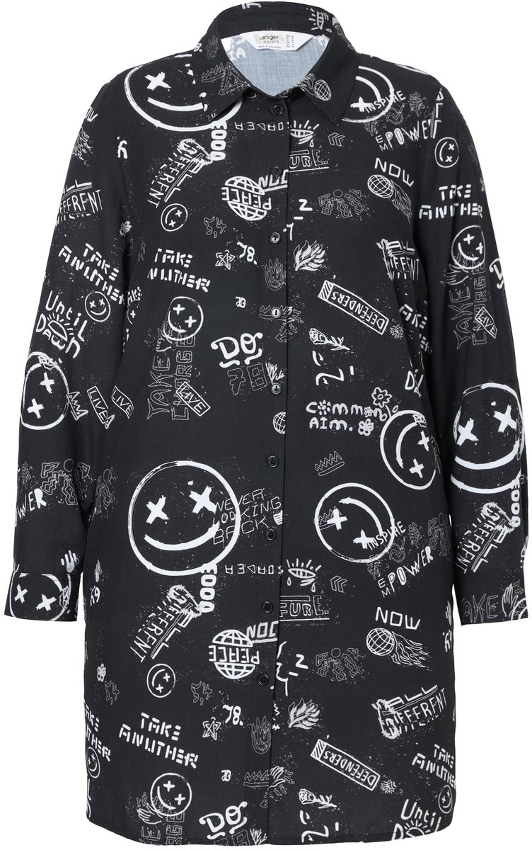 Angel of Style - Dames - Overhemdblouse Straight Fit scribble-motief met smileys - Zwart - Maat 44