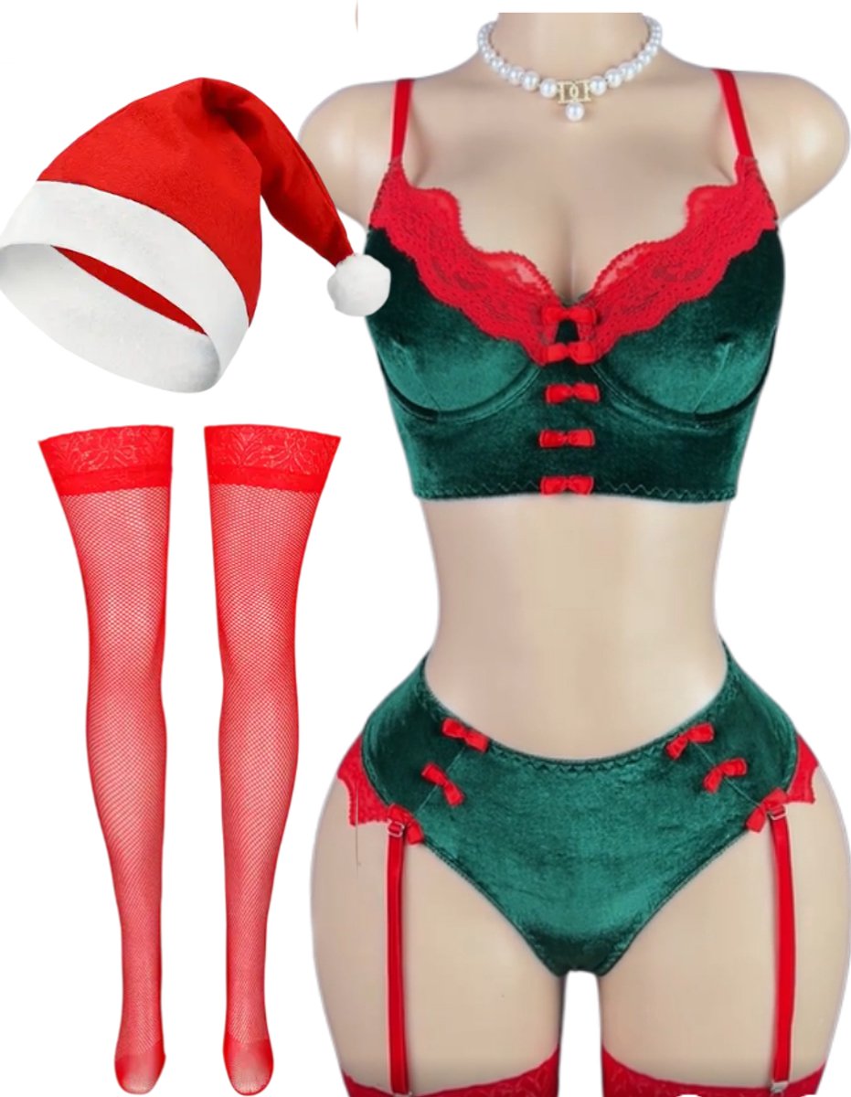 Sexy elf lingerie set - kerst lingerie - 4 delige set - Maat L - bovenstuk - onderstuk - kousen - muts - onvergetelijke kerst - sexy