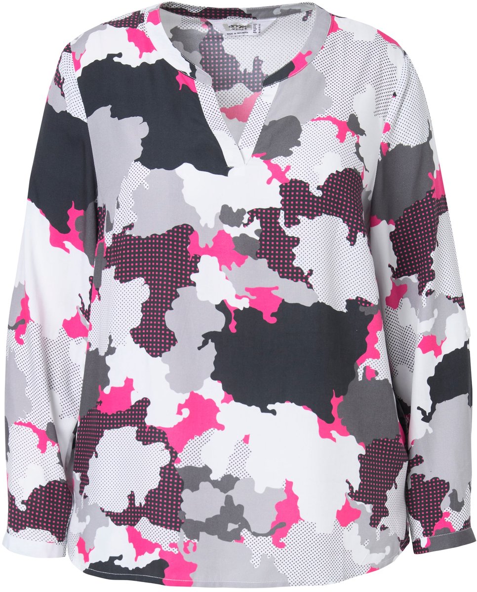 Angel of Style - Dames - Blouse camouflageprint tuniekhals - Zwart - Maat 48