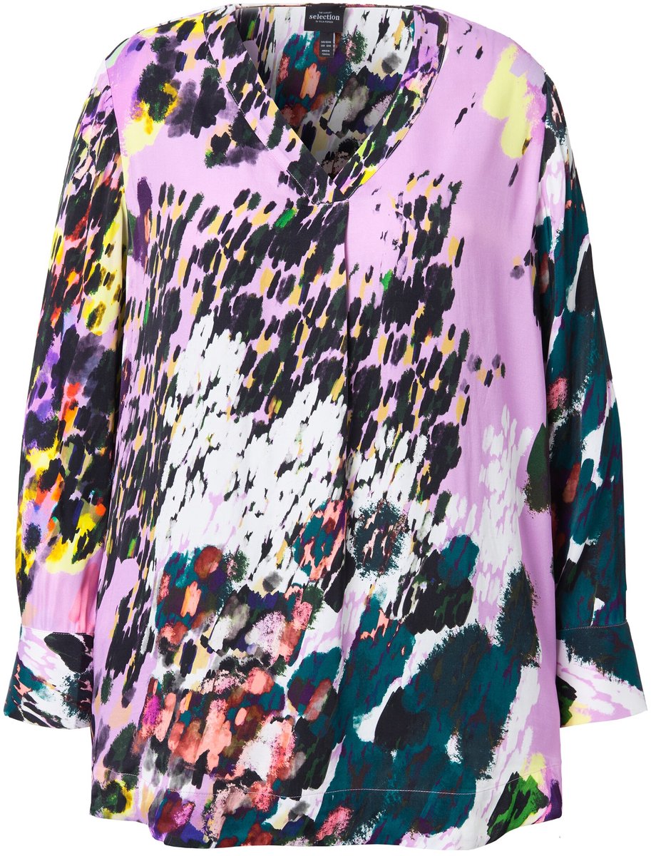 Ulla Popken - Dames - Satijnen blouse met print V-hals lange mouwen - Diepgroen - Maat 54+