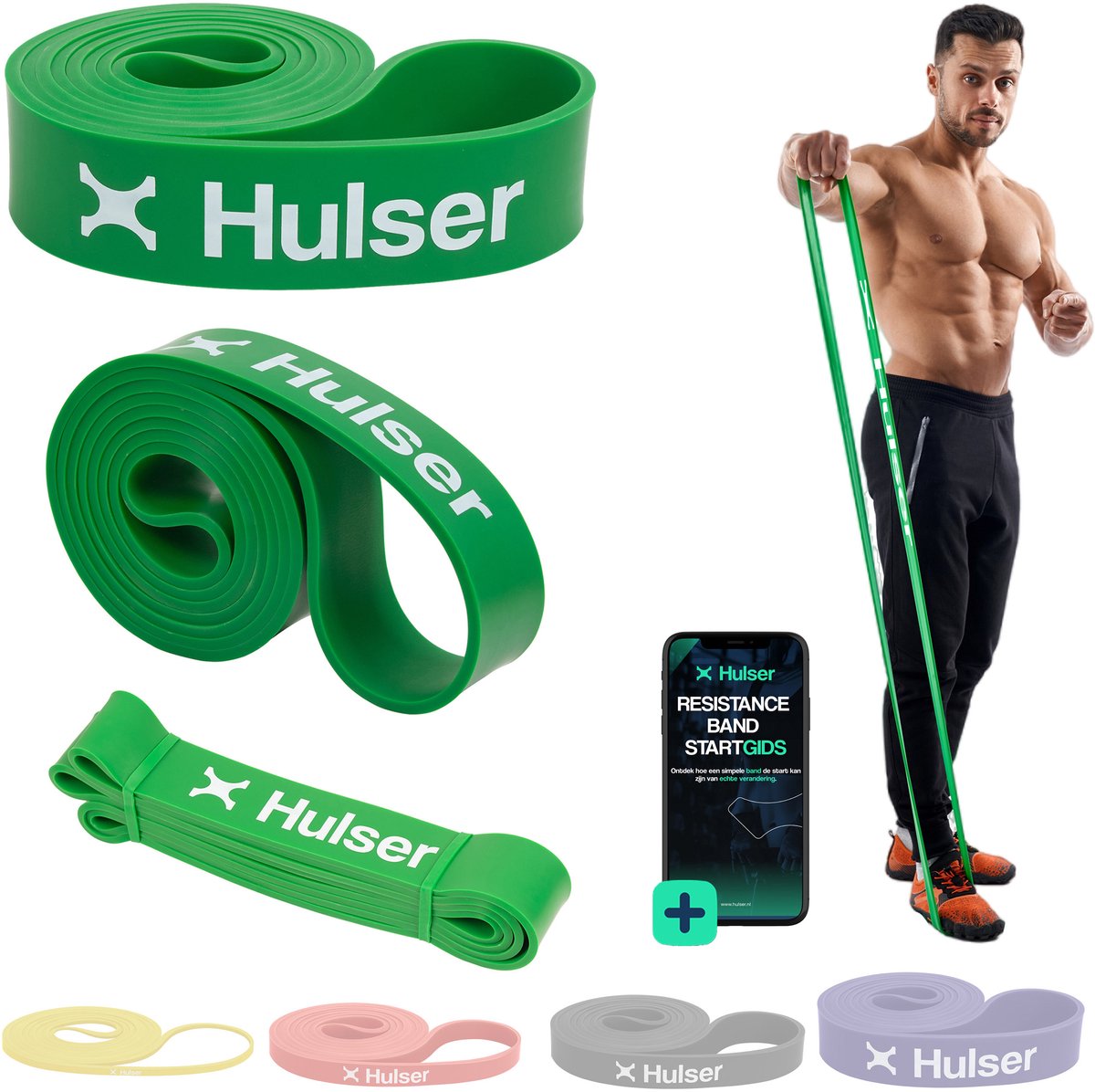 Hulser Resistance band 23 tot 55 kg - 104 / 208 cm - Met digitale startgids - Weerstandsband voor pull up - Fitness weerstandband - Stretch elastiek - Bands - Power band weerstandselastiek - Groen