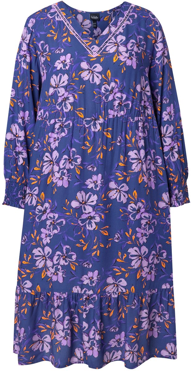 Ulla Popken Dames - Midi-jurk bloemen A-lijn V-hals lange mouw - Donkerblauw - Maat 62+
