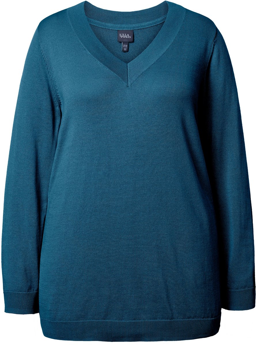 Ulla Popken - Dames - Trui V-hals lange mouw zacht fijn breisel - Blauwgroen - Maat 46+
