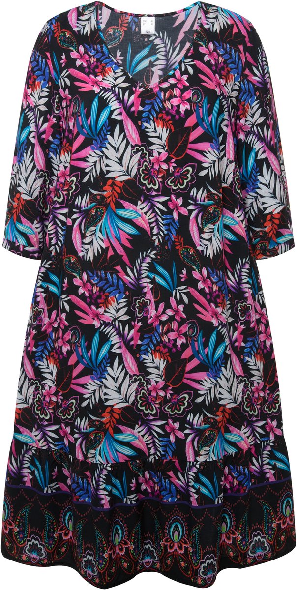 MIAMODA - Dames - Jurk A-lijn print all-over V-hals 3/4-mouwen - Zwart - Maat 50