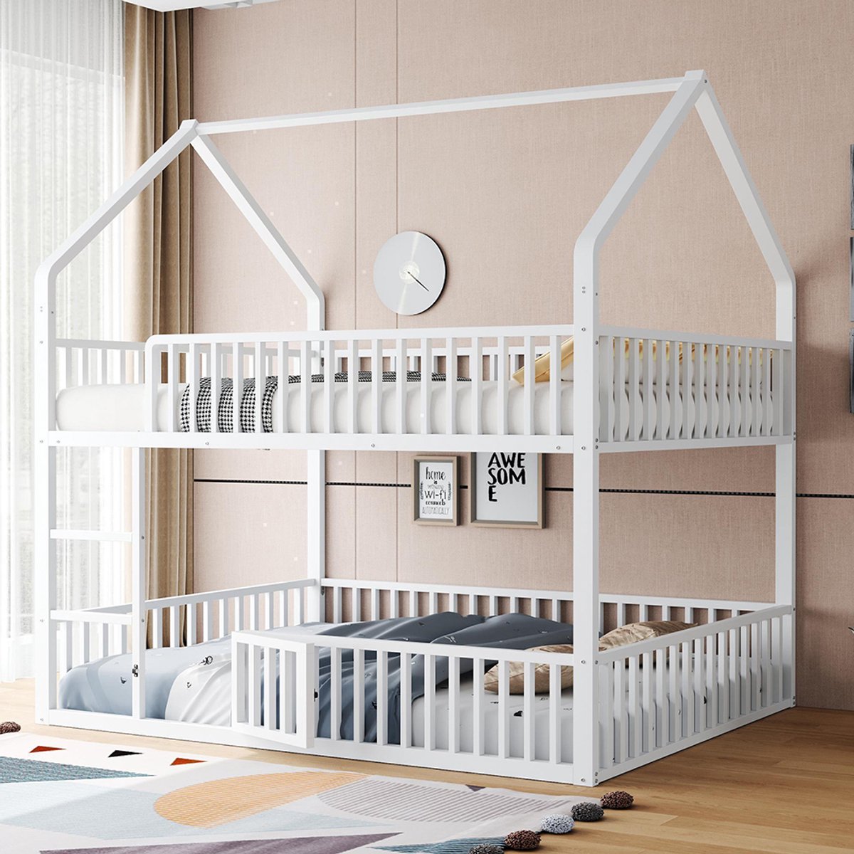 KOMHTOM BLACKCOLORS - Stapelbed voor kinderen 140x200 cm - Tweepersoons onderbed van metaal - Met opbergladder - Loftdesign - Onderbed met opklapbare klep - Wit