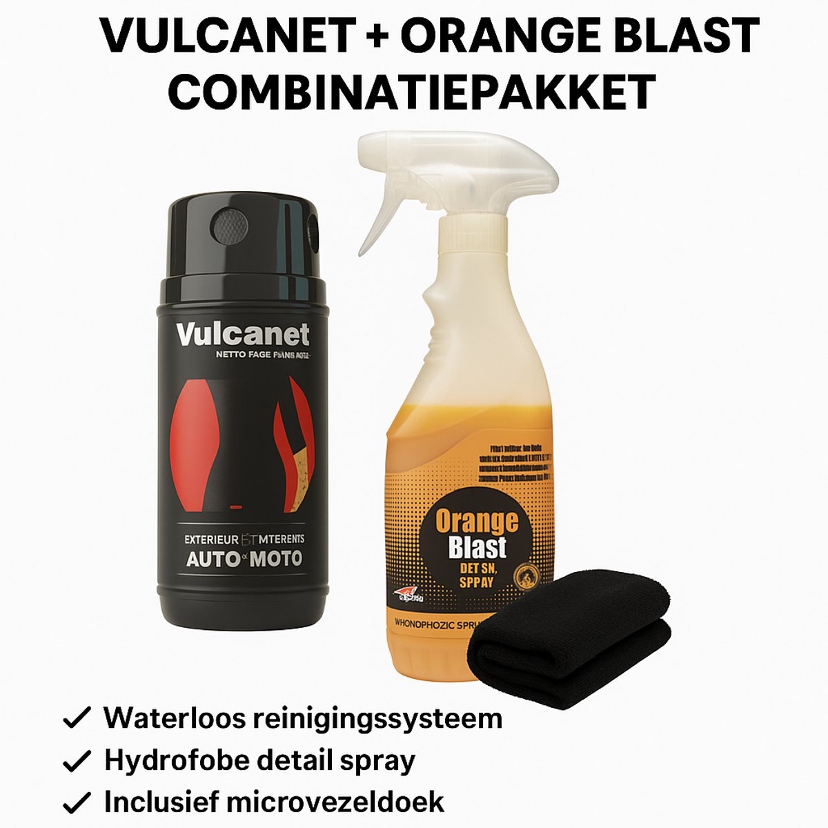 Vulcanet + Orange Blast Auto- en Motor verzorgingsset – Waterloos Reinigingssysteem & Hydrofobe Detail Spray – Inclusief Microvezeldoek – Auto & Motor Onderhoud – Hoogglans & Lakbescherming