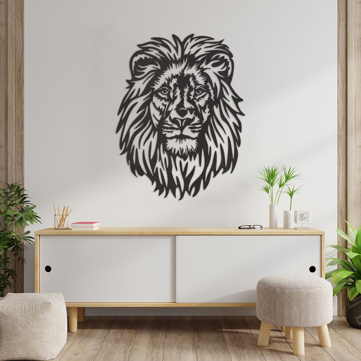 Wanddecoratie Leeuw - Muurdecoratie Leeuw - Muurdecoratie Hout - Wanddecoratie Hout - Muurdecoratie Woonkamer - Wanddecoratie Woonkamer - Wanddecoratie Industrieel - Wanddecoratie Dieren - Home Decor - Wall Line Art - 76 x 59 cm
