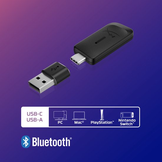 Zwarte USB-C dongle met HyperX logo, naast een USB-A adapter en de tekst 'USB-C USB-A'.