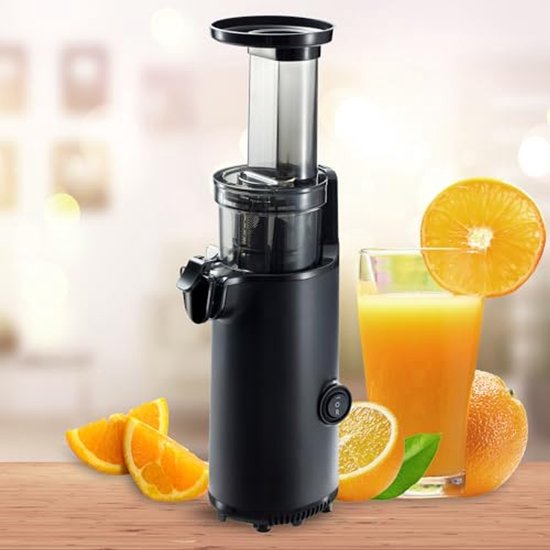 JuiceInstant Compacte sapcentrifuge voor groenten en fruit, koudgeperst, elektrisch, BPA-vrij, met zeef, lekvrij, langzame sapcentrifuge, vitamine-vriendelijk, zwart