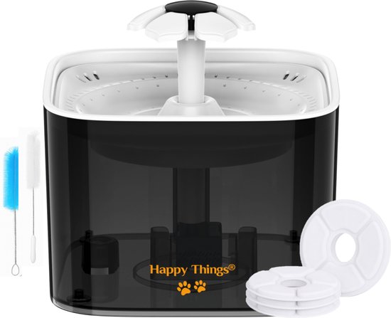Happy Things - Drinkfontein Hond en Kat - Geruisloos - 2.5 L - Transparant Zwart met Goud - incl 4 Filters