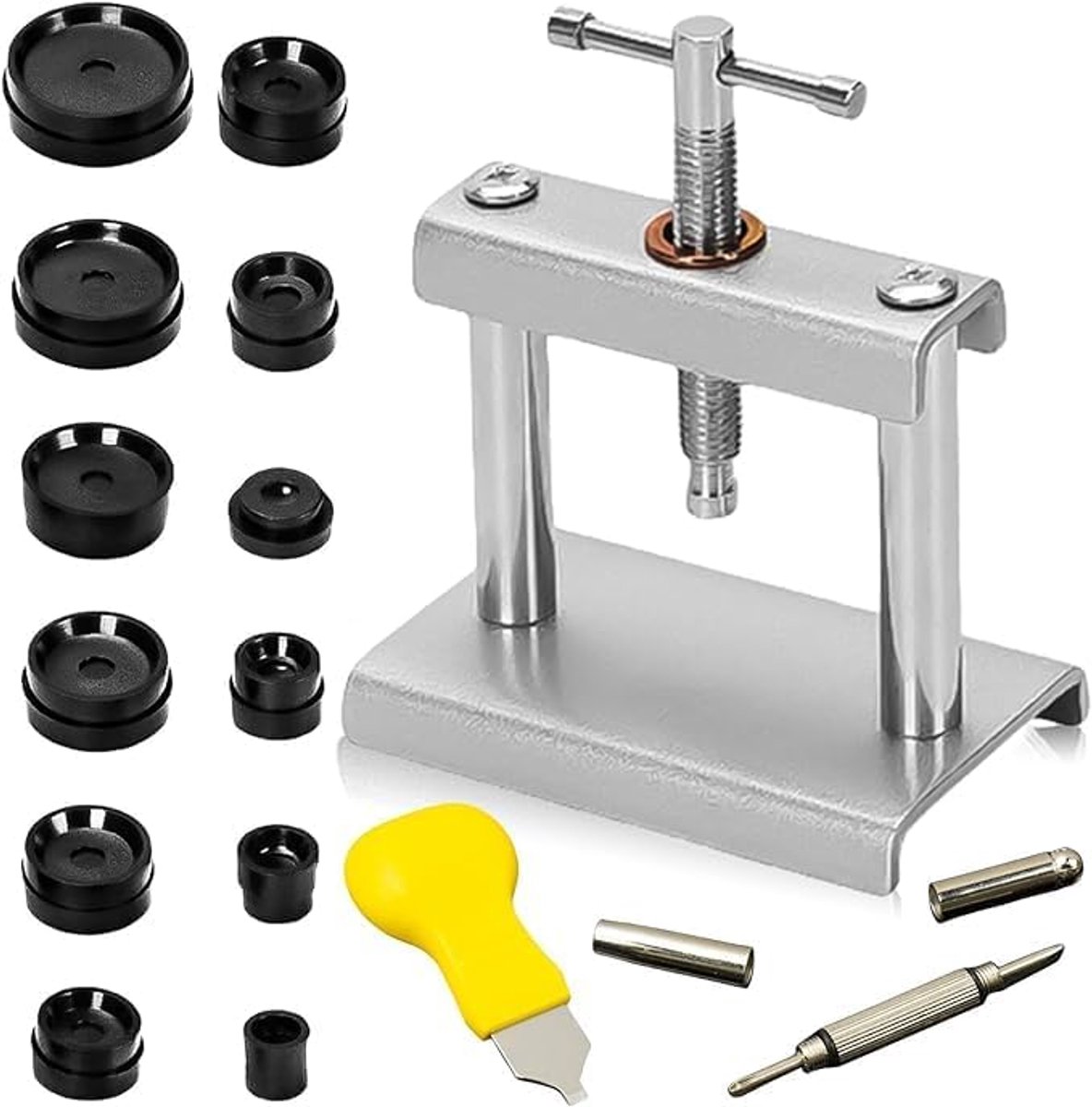 15 Piece Watch Tool Set - Press Tool - Watch Press Case Closer met 12 Pressure Plates en Plastic Inserts - Watch Lid Press Repair Tool voor Professionele Horloge Reparatie -