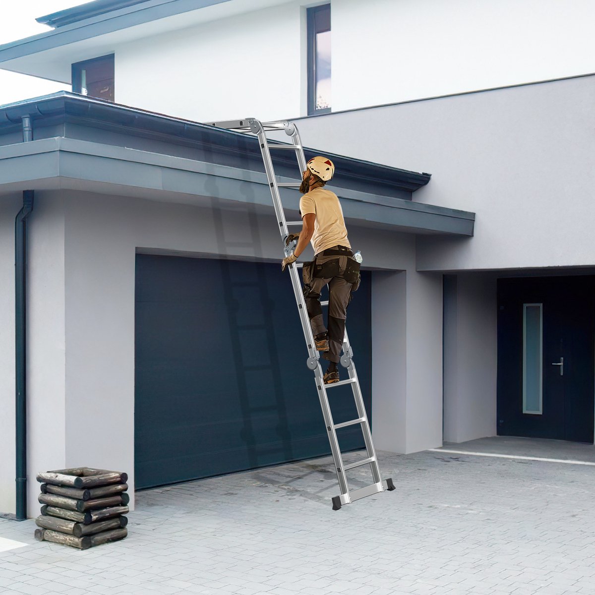 Multifunctionele vouwladder 6 in 1 - 3.6M Vouwladder 4 x 3 treden met platform - Draagvermogen tot 150 kg, Aluminium Ladder, Mobiele Multifunctionele Ladder met Werkplatform, Stelling, Aluminium Rolsteiger, Huishoudladder - Zilver – foto 6