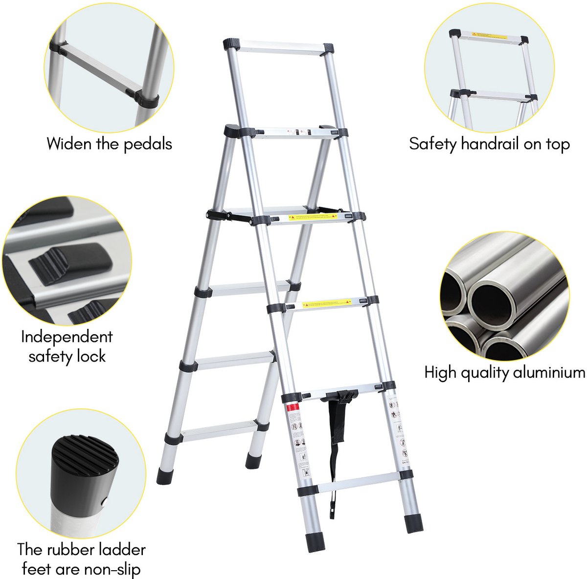 Telescopische Ladder - Telescoopladder - 1,4m+1,7m zilver, Max. Belasting 150 kg, Compact en Draagbaar met Soft Closing Systeem, Geschikt voor Particulier en Professioneel Gebruik, Telescopische Vouwladder – foto 3