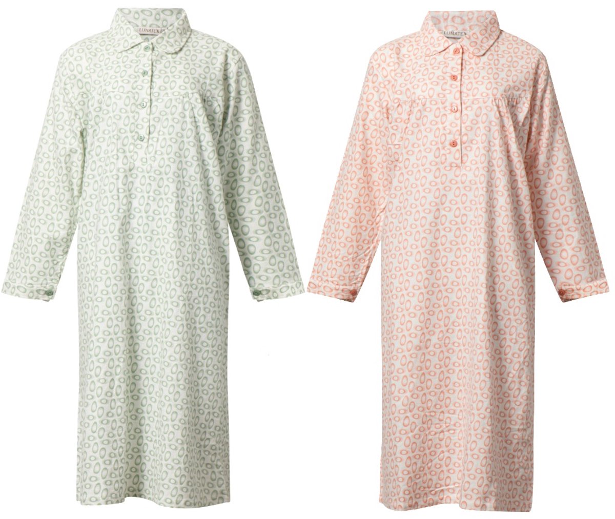 Lunatex 2 klassieke dames nachthemden - warm flanel - green & pink egg Groen en roze