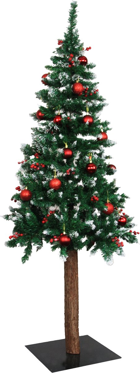 Viking Choice Kunstkerstboom 180 cm - Besneeuwd - Rode kerstballen - Kunstbesjes - Houten stam en jute voet