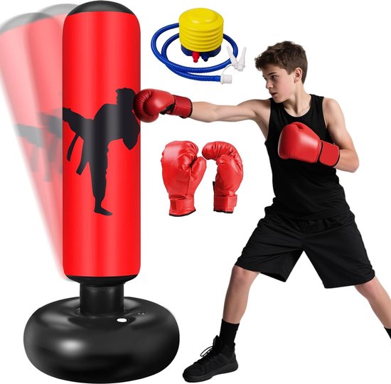 Boksbal - Boksbal opstandbaar - Opblaasbare boksbal - 160x60 cm - PVC materiaal - Inclusief handschoenen en pomp - Geschikt voor kinderen 3-12 jaar