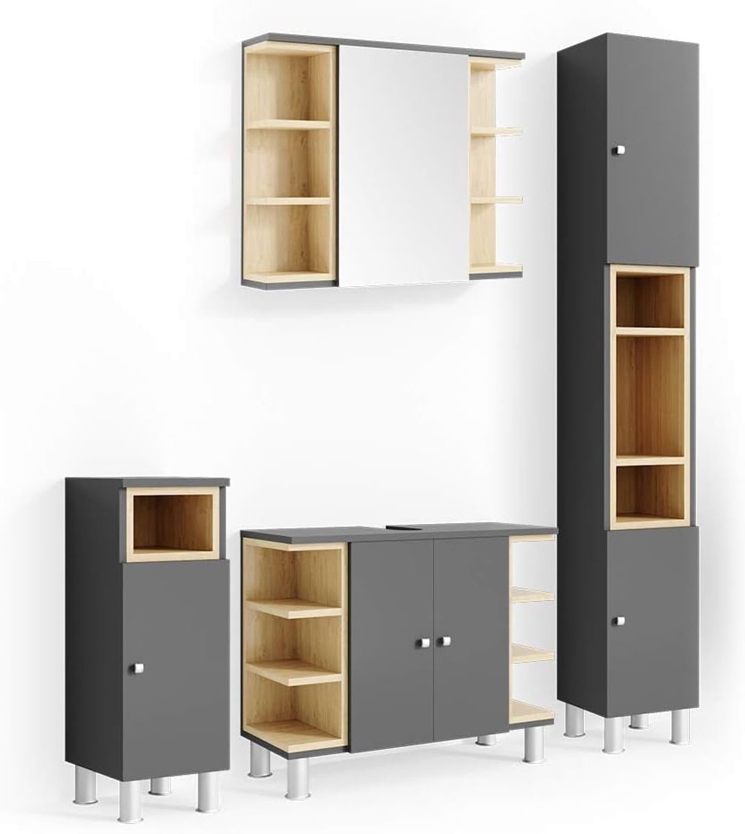 Luxe Badkamermeubelset Aquis – Antraciet/Eiken – 4-Delig – Inclusief Spiegelkast, Wastafelonderkast, Hoge Kast & Midi Kast – Moderne Badkamerkastenset met Opbergruimte