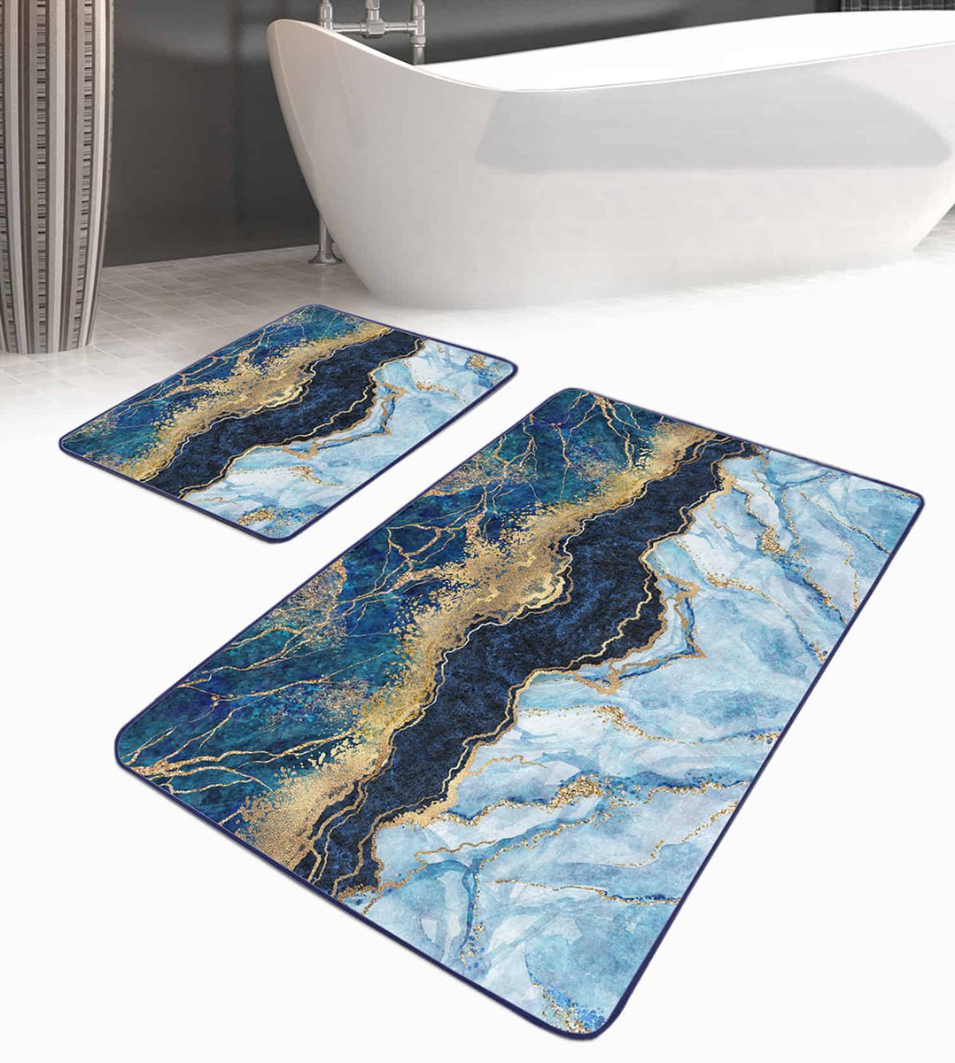 De Groen Home NATURA Badmat & WC Mat Set Antislip 2 Stuks - 60x100 & 50x60 cm - Marmer patroon -