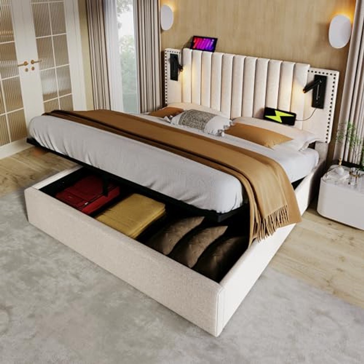 Beige Dubbele Bed met Opbergruimte 160 x 200 cm - Multifunctioneel met Hoofdbord