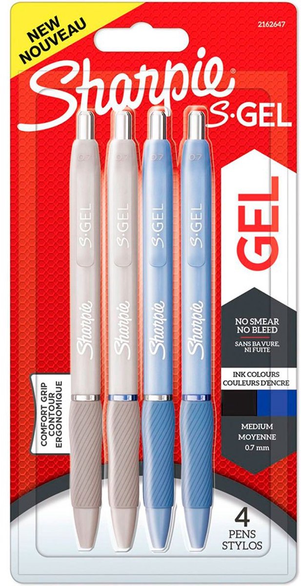 Sharpie S-gel | gelpennen | mediumpunt (0,7 mm) | ijsblauwe en parelwitte behuizingen | zwarte en blauwe inkt | 4 stuks
