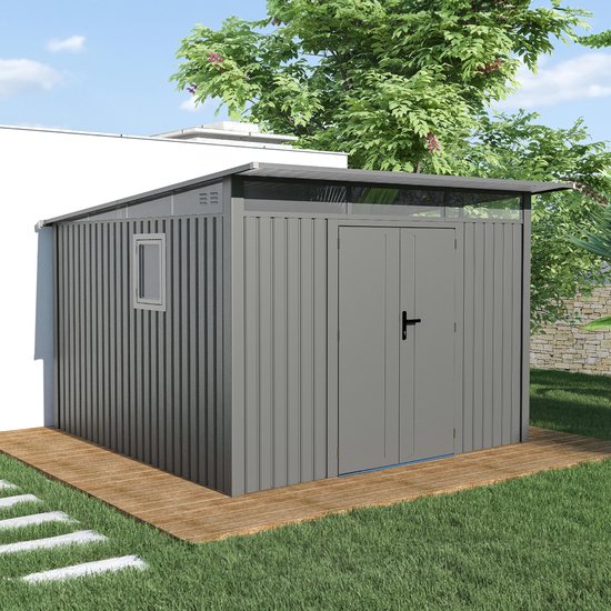 Rockford Porto 400 metalen tuinhuis met lessenaarsdak - Tuinschuur met centraal slot, polycarbonaat ramen en regenpijpen - 296 x 318 cm - Grijs