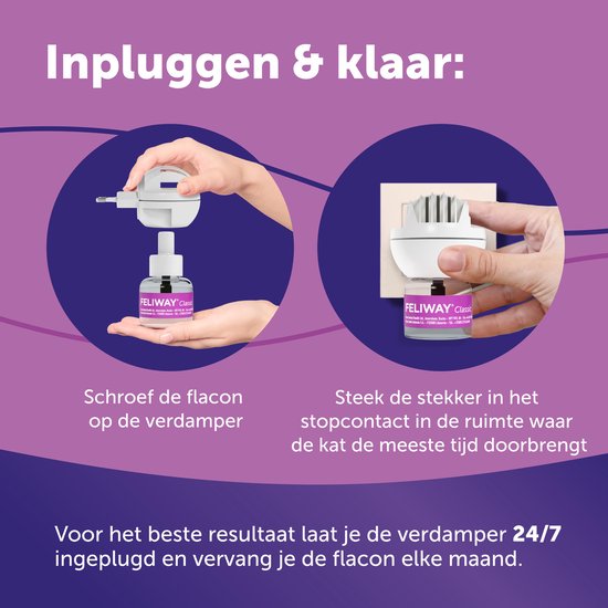 Hoe Feliway Classic te gebruiken: schroef de navulling op de verdamper en steek in het stopcontact.
