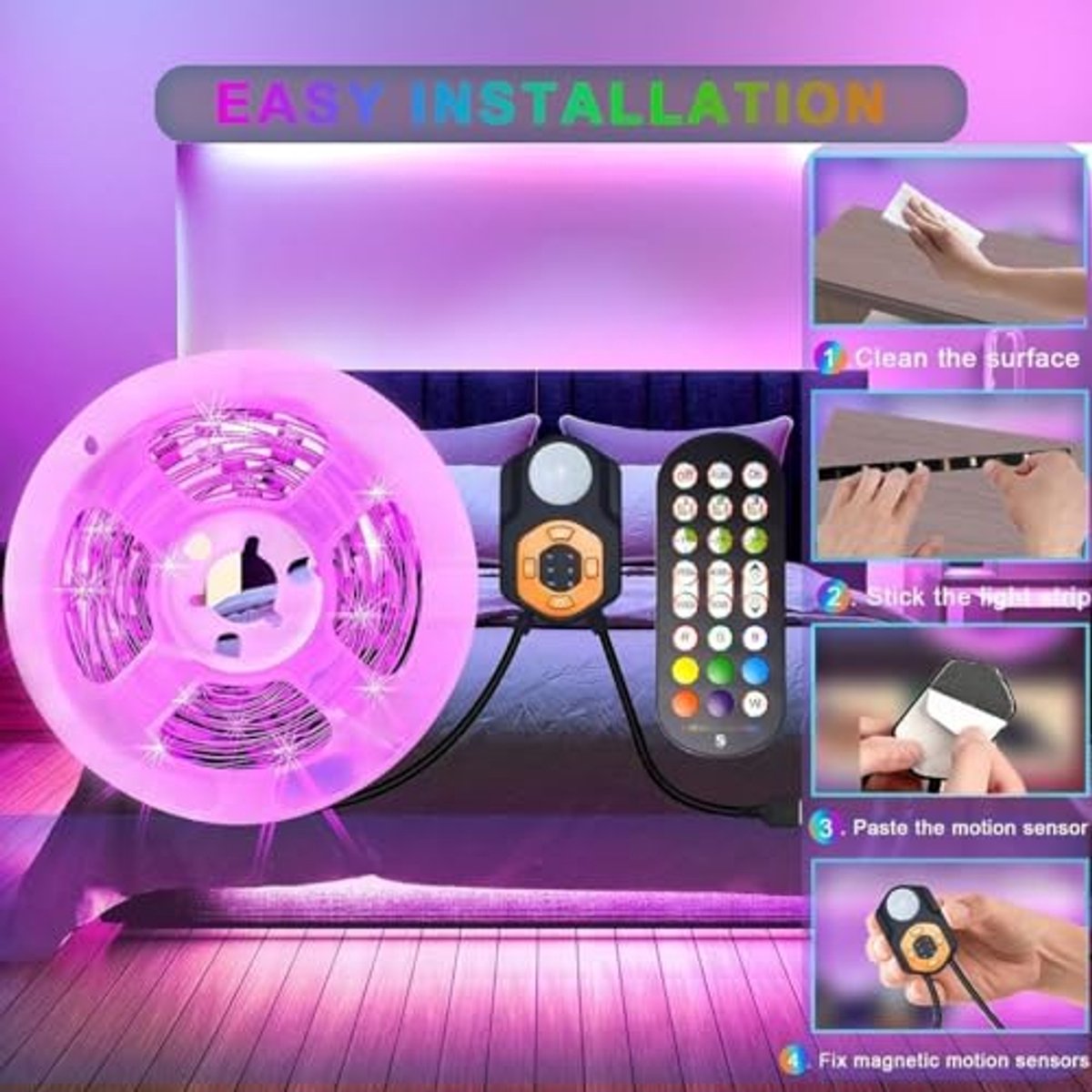 RGB LEDstrip met Bewegingsmelder en Afstandsbediening – 3 Meter