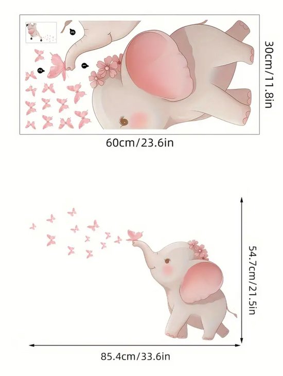 Éléphant gris clair avec des fleurs roses dans ses cheveux et des ailes roses, souffle sur un papillon rose, avec un essaim de papillons roses. Dimensions 85.4x54.7cm.