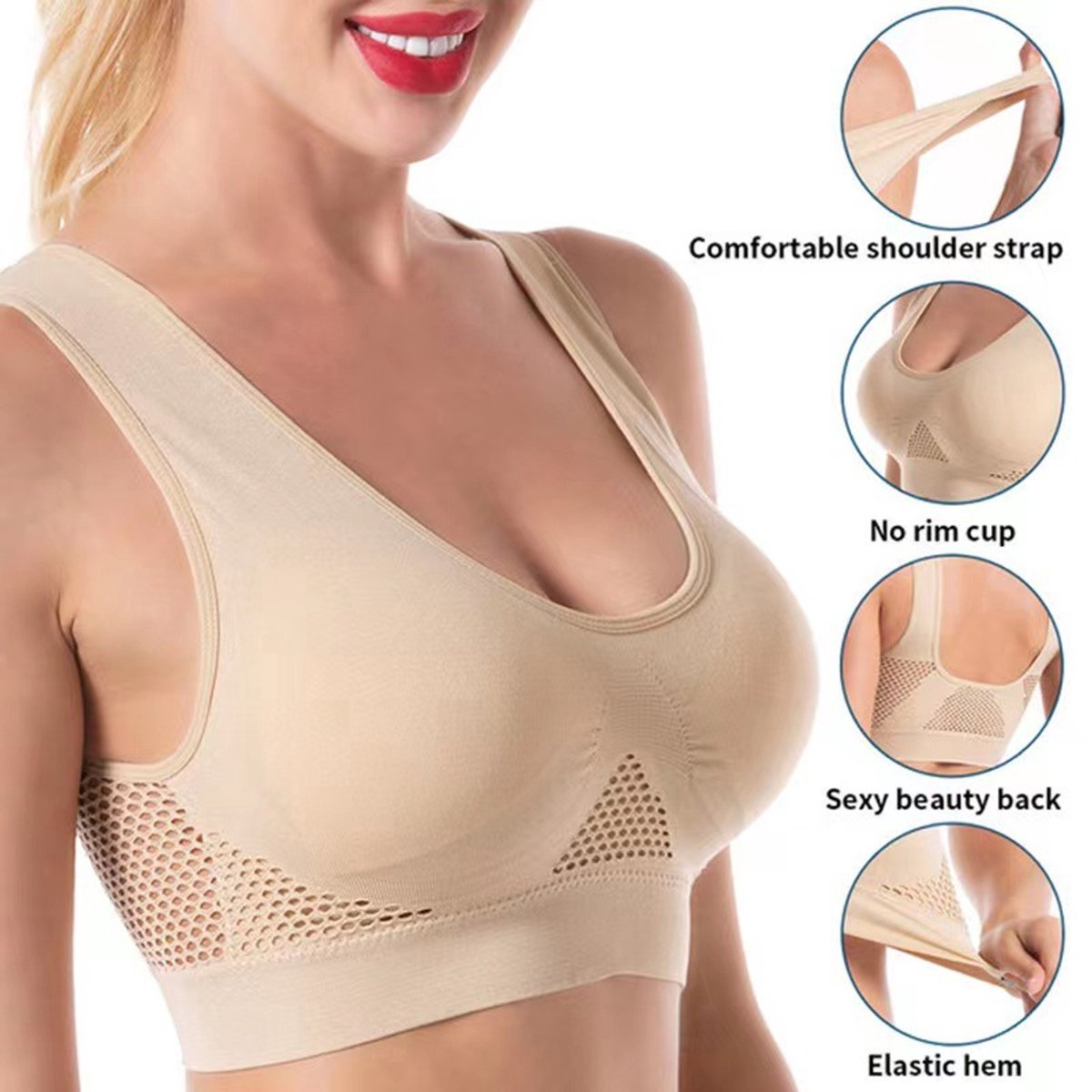 Ademende Sport BH - maat XL - Sportbeha - Draadloos - Elstisch - Onzichtbaar - Strapless Bra - Beige - LOUZIR
