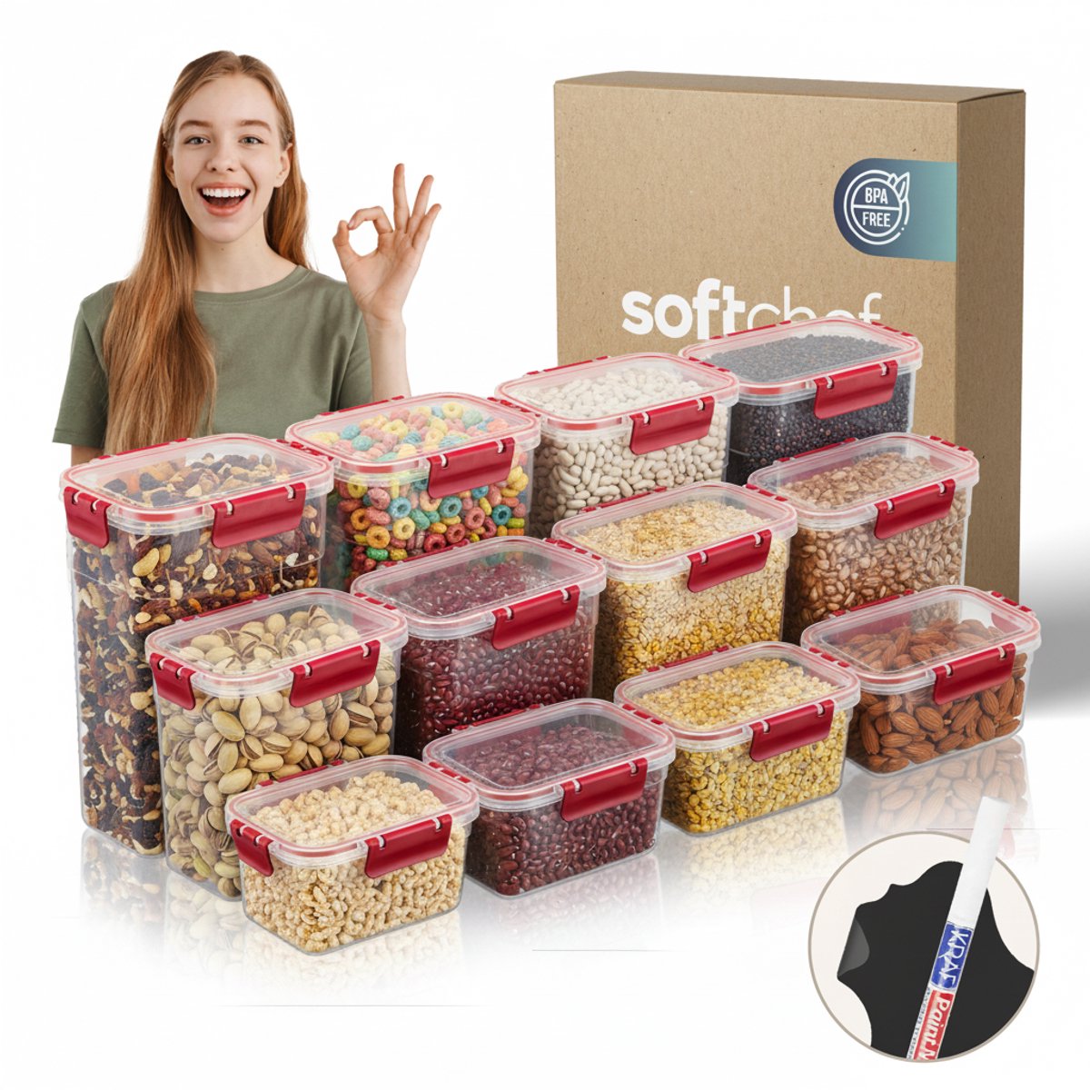 Soft Chef Clara Deep Box 12 delige rechthoekige voedselbewaarset (4x1100 ml 4x2200 ml 4x3400 ml) BPA-vrij luchtdicht magnetron en vriezerbestendig met labels en marker