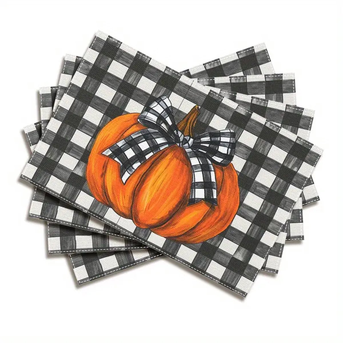Image of 4 stuks Oranje Pompoen Placemats 30.48x45.72 cm - Wasbare Polyester Tafelmaten met Zwarte & Witte Ruitjesrand, Perfect voor Vakantie Eten, Keuken Decoratie en Festieve Bijeenkomsten, Festieve Tafeldecoratie | Ruitjespatroon | Duurzaam Servies - T