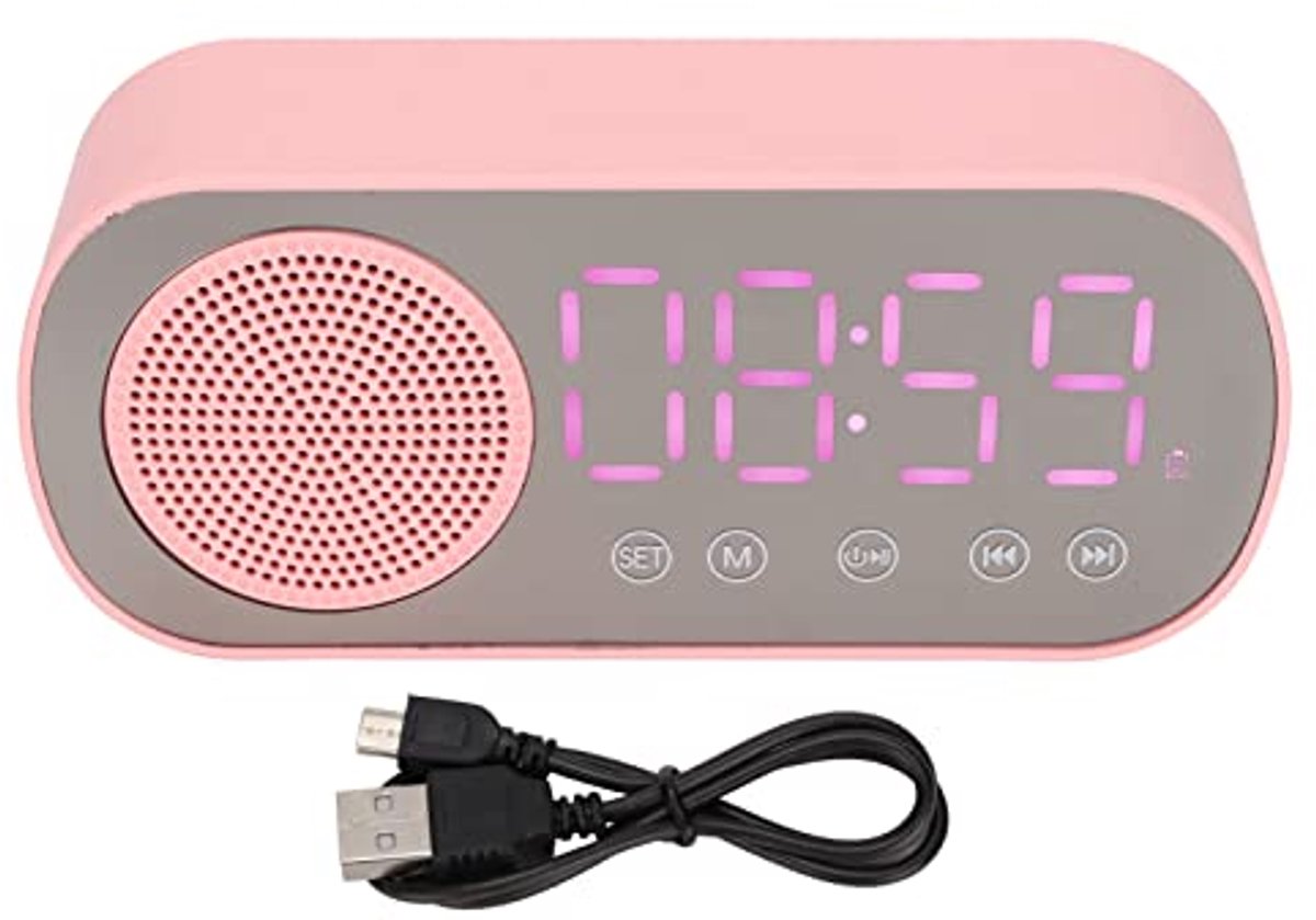 Digitale Wekker met Bluetooth 5.0 en Led-spiegelscherm - Roze Klokluidspreker voor Slaapkamer
