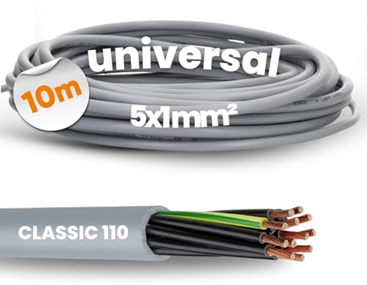 10 meter PVC stuurleiding 5x1 mm² met groen-gele beschermgeleider