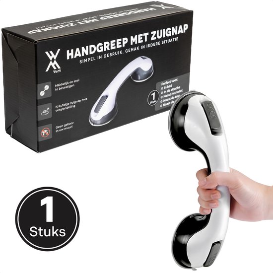 Witte en zwarte handgreep met zuignappen, vastgehouden in een hand. Doos toont '1 stuks'.