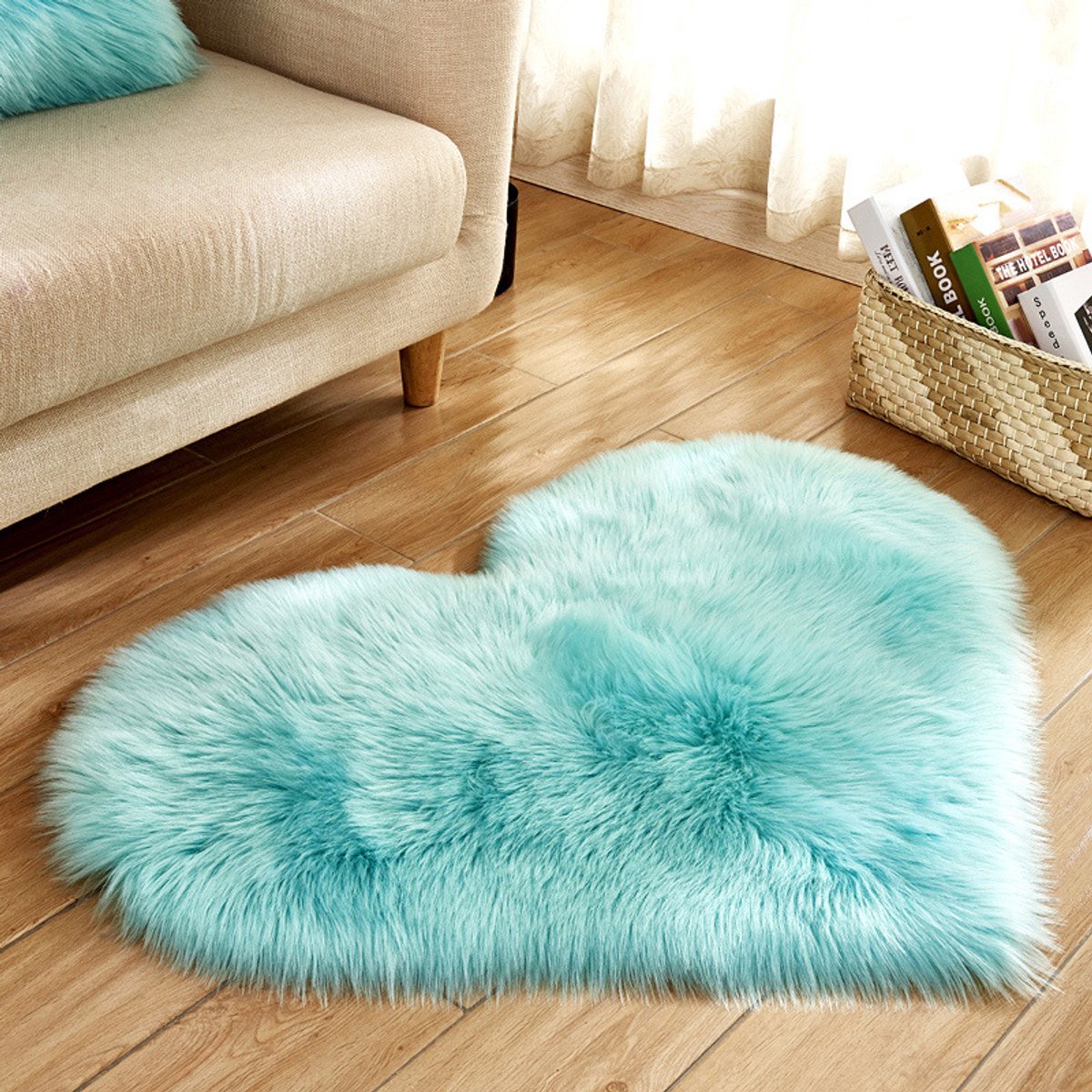 Qelus Blauw Modern Hartvormig Vloerkleed met Lange Pluizen - Wasbaar - Hoogpolig Vloerkleed - Zacht fluffy Decoratie - Voor Stoel, Bank of Bed - 70x90 cm
