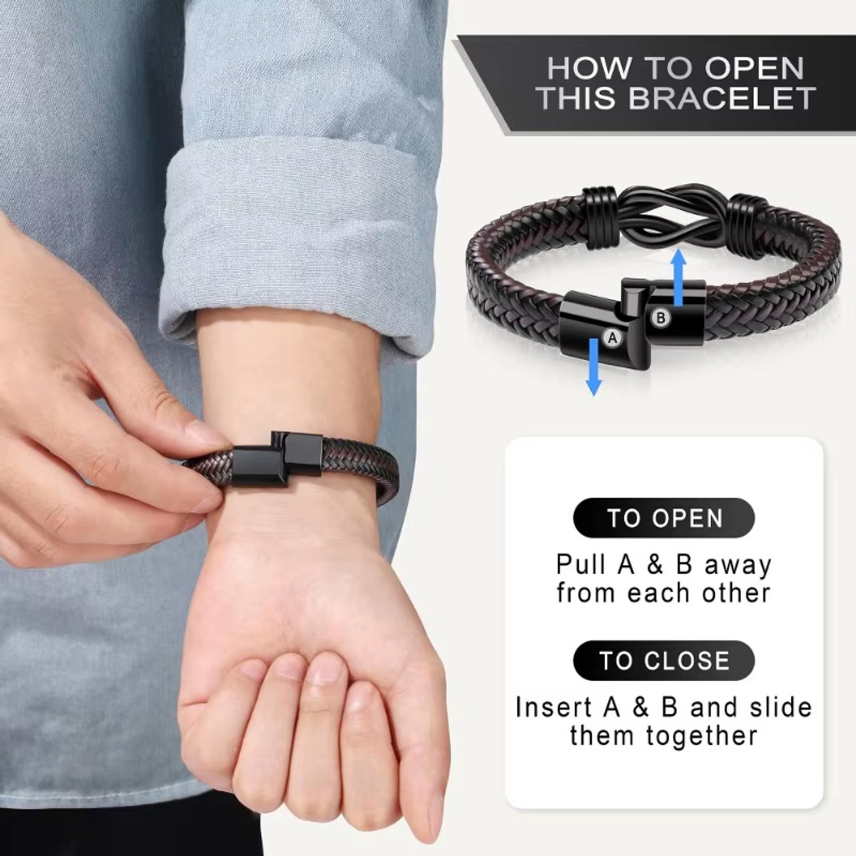 Jewellbox Zwarte lederen herenarmband met oneindigheidsknoop