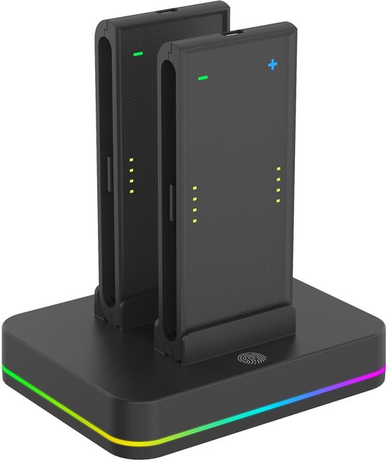 Zwarte 4-in-1 oplaaddock voor Switch 2 Joy-Cons met RGB-randverlichting.