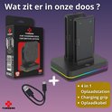 Inhoud van de doos: Zwarte 4-in-1 oplaaddock voor Switch 2 Joy-Cons, oplader en USB-C kabel.
