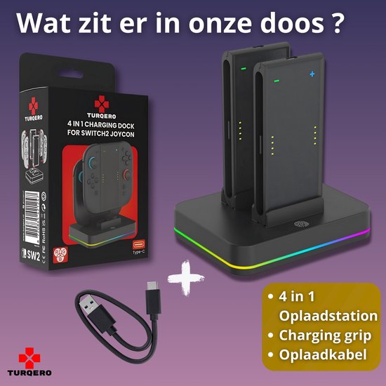 Inhoud van de doos: Zwarte 4-in-1 oplaaddock voor Switch 2 Joy-Cons, oplader en USB-C kabel.