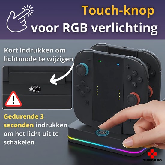 Zwarte oplaaddock met RGB-verlichting en aanraakknop voor het wijzigen van de lichtmodus.